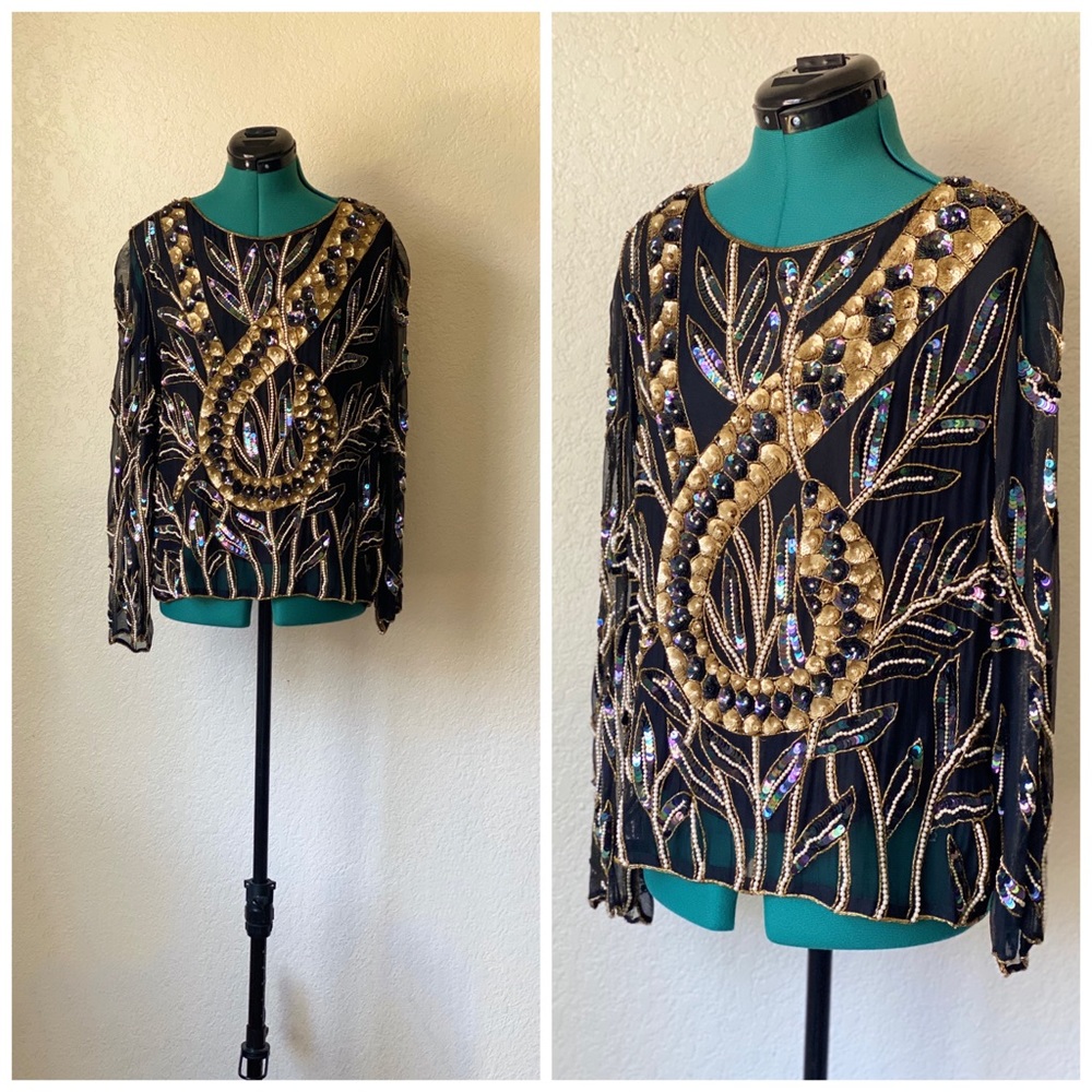 HEAVY BLACK SEQUIN BEADED SILK ART DECO BLOUSE